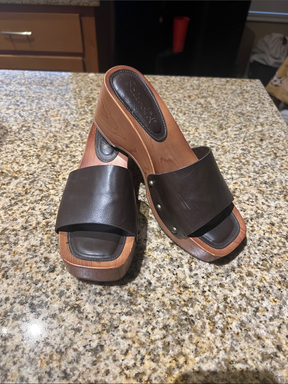 Splendid Dark Brown Leather Wood-Effect Slide Wedges